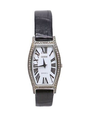 GUESS Steel Watch Silver Tonneau Crystal Bezel Black Leather Faux Croc Band